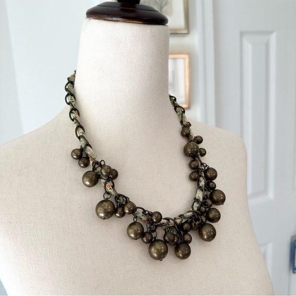 Flowered Ribbon & Brass Bead Statement Necklace - Picture 5 of 14